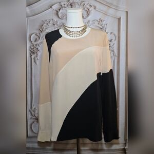 Diane Von Furstenberg Seraphina Colorblock Long Sleeve Blouse 100% Silk